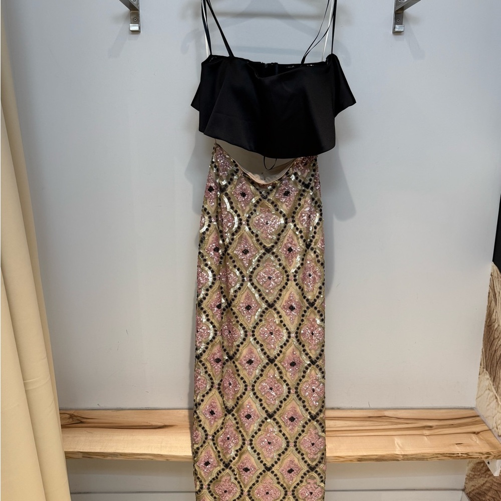 Mon Cheri Black and Gold Sequin Prom Dress